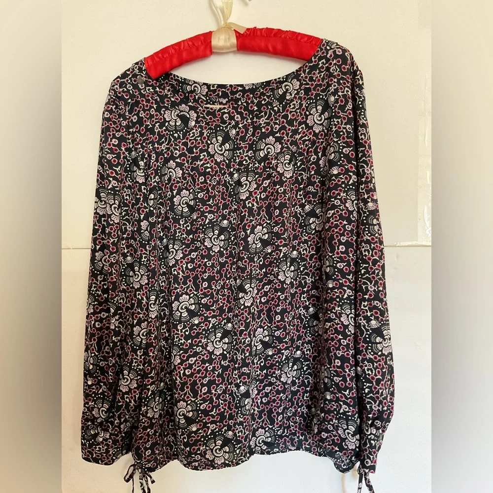 LOFT Floral Blouse XXL Black Pink Long Sleeve Boho Button Tab - Picture 1 of 7
